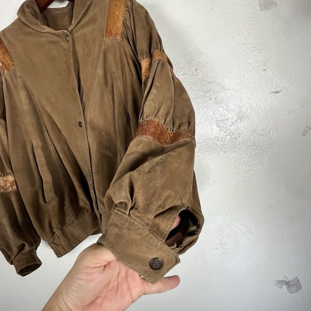 Vintage Norceur Genuine Leather Jacket 80s Batwing Structured Shoulder Snakeskin - Picture 15 of 16
